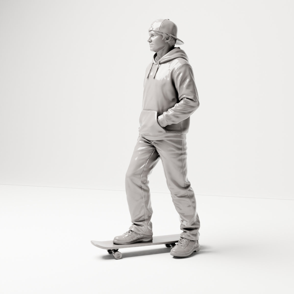 Stehende Figur: Skater mit Kappe, Kapuzenpullover & Skateboard (B054) - linke Seitenansicht