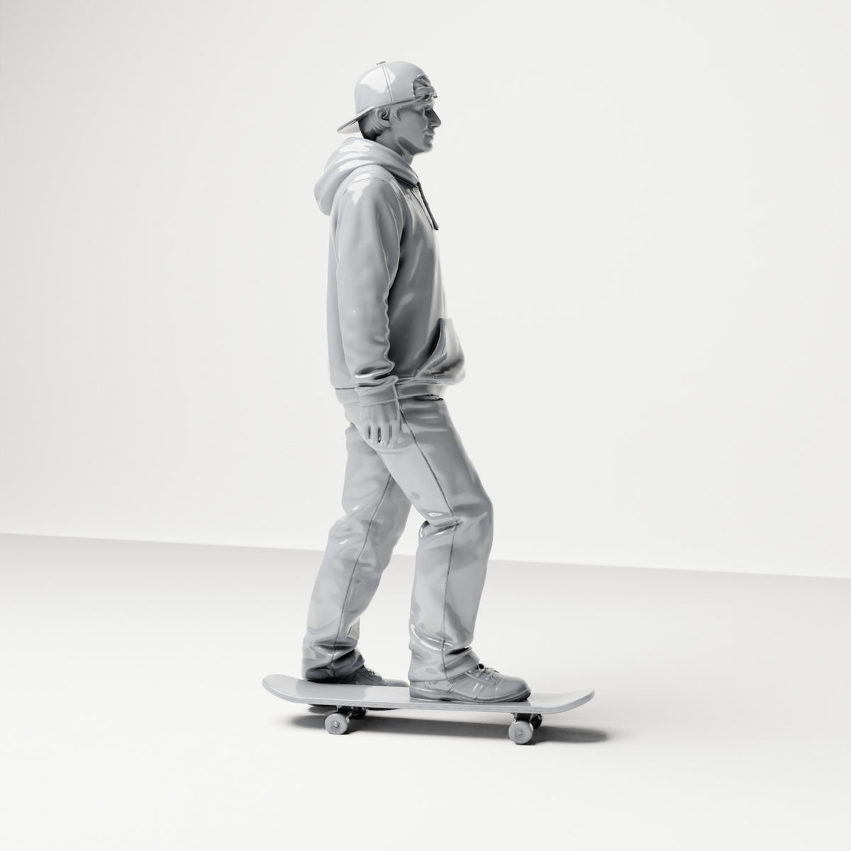 Diorama modelbouw productfoto 3: Staande figuur: skater met pet, hoodie & skateboard (B054)