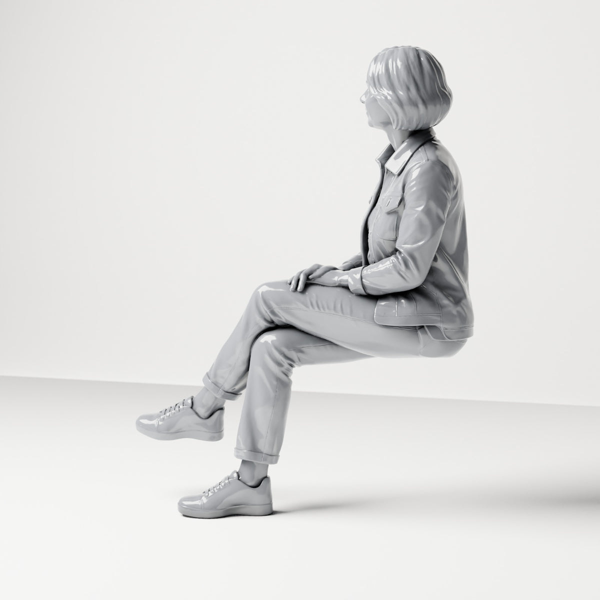 Diorama modelbouw productfoto 1: zittende figuur: toeschouwster met gekruiste benen en handen op de knie (B056)