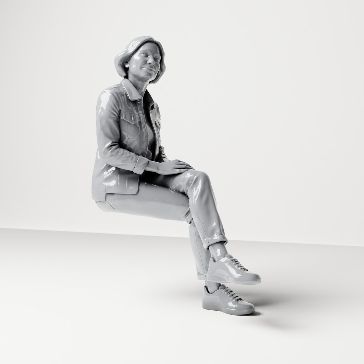 Diorama modelbouw productfoto 3: zittende figuur: toeschouwster met gekruiste benen en handen op de knie (B056)
