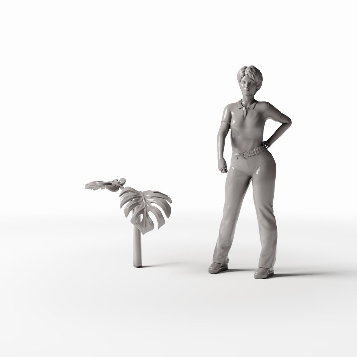 Set 05: miniatuurplant Ref. 479D met een menselijke figuur als schaalreferentie (Monstera)