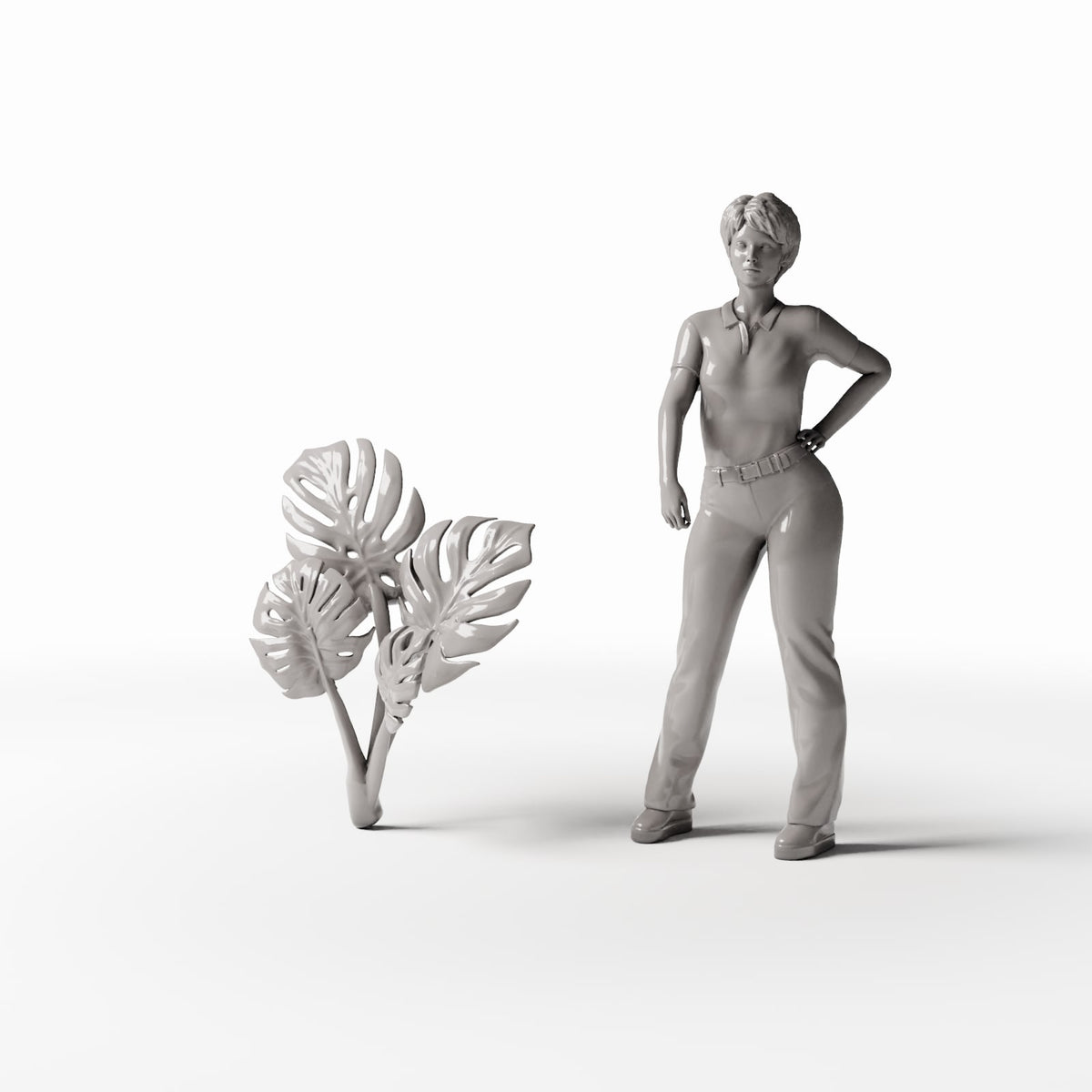 Set 05: miniatuurplant Ref. 482D met een menselijke figuur als schaalreferentie (Monstera)