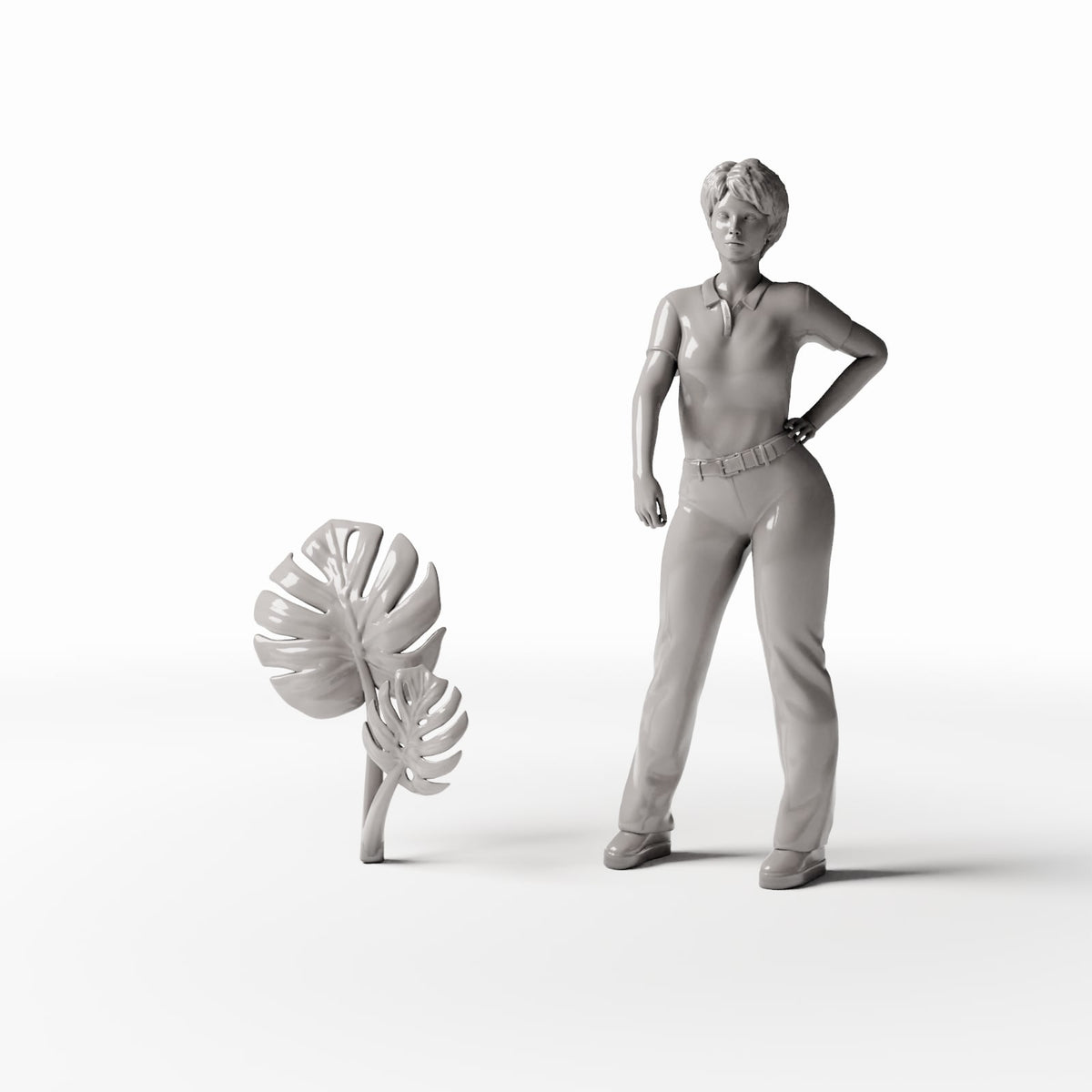 Set 05: miniatuurplant Ref. 483D met een menselijke figuur als schaalreferentie (Monstera)