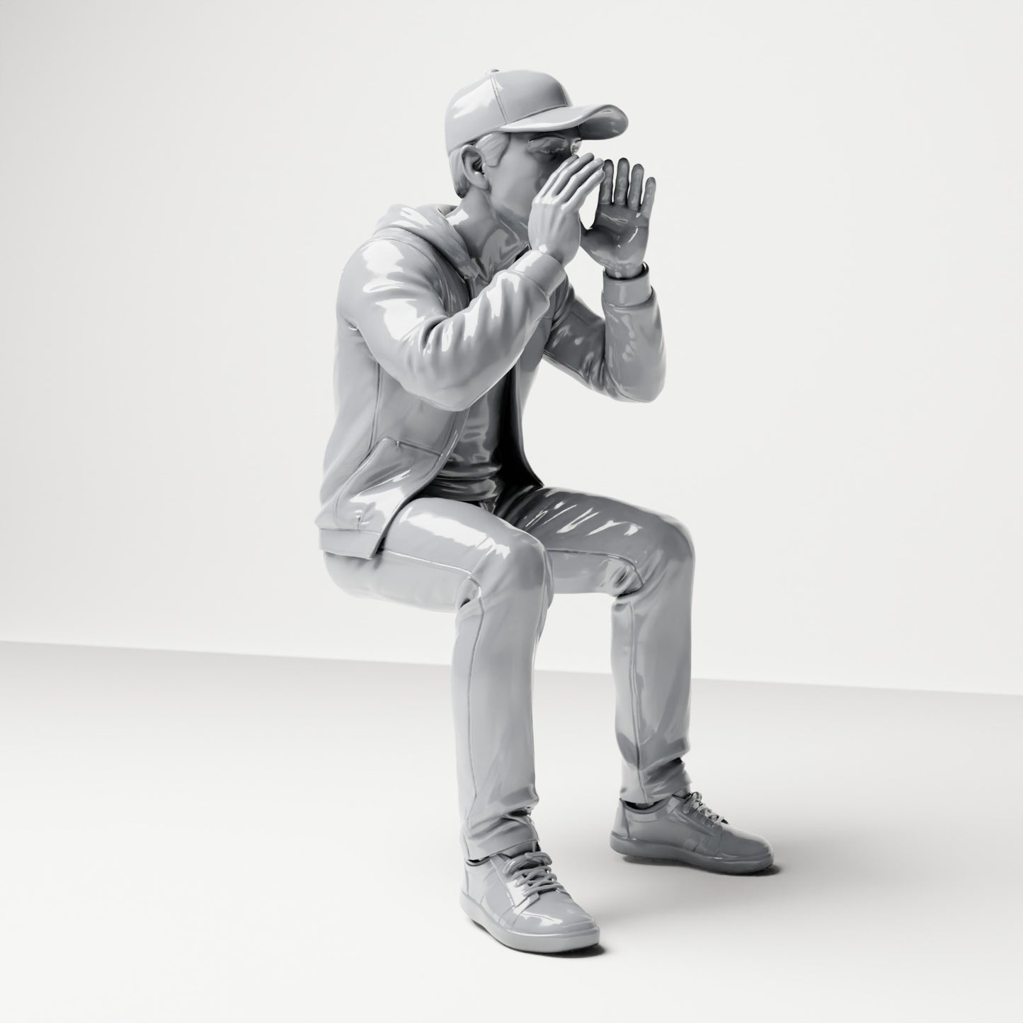 Diorama-modelbouw productfoto 3: Zittende figuur: roepende toeschouwer met handen aan de mond (B060)