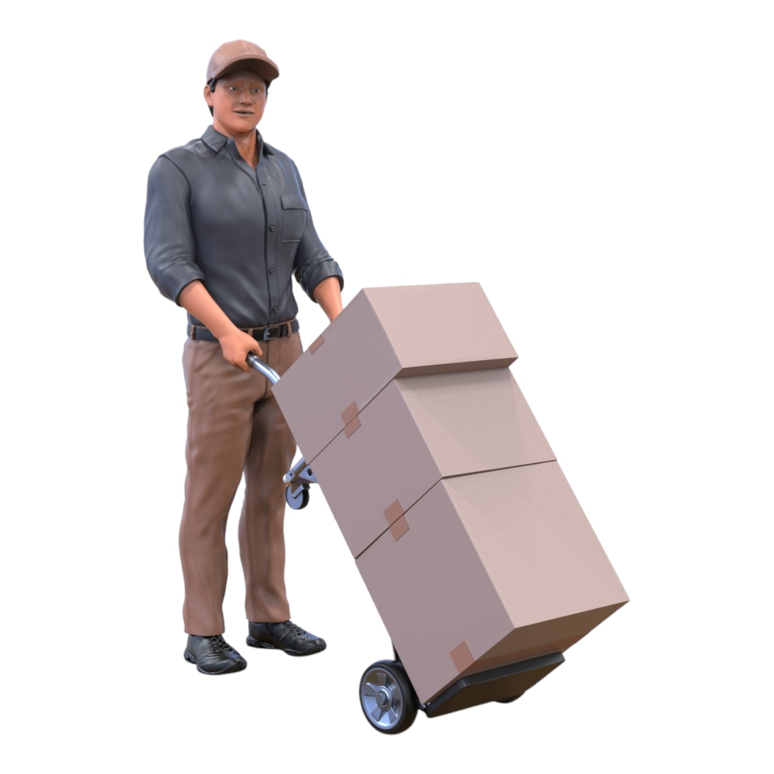 Productfoto diorama en modelbouw miniatuur figuur: pakketbezorger met pakket en steekwagen
