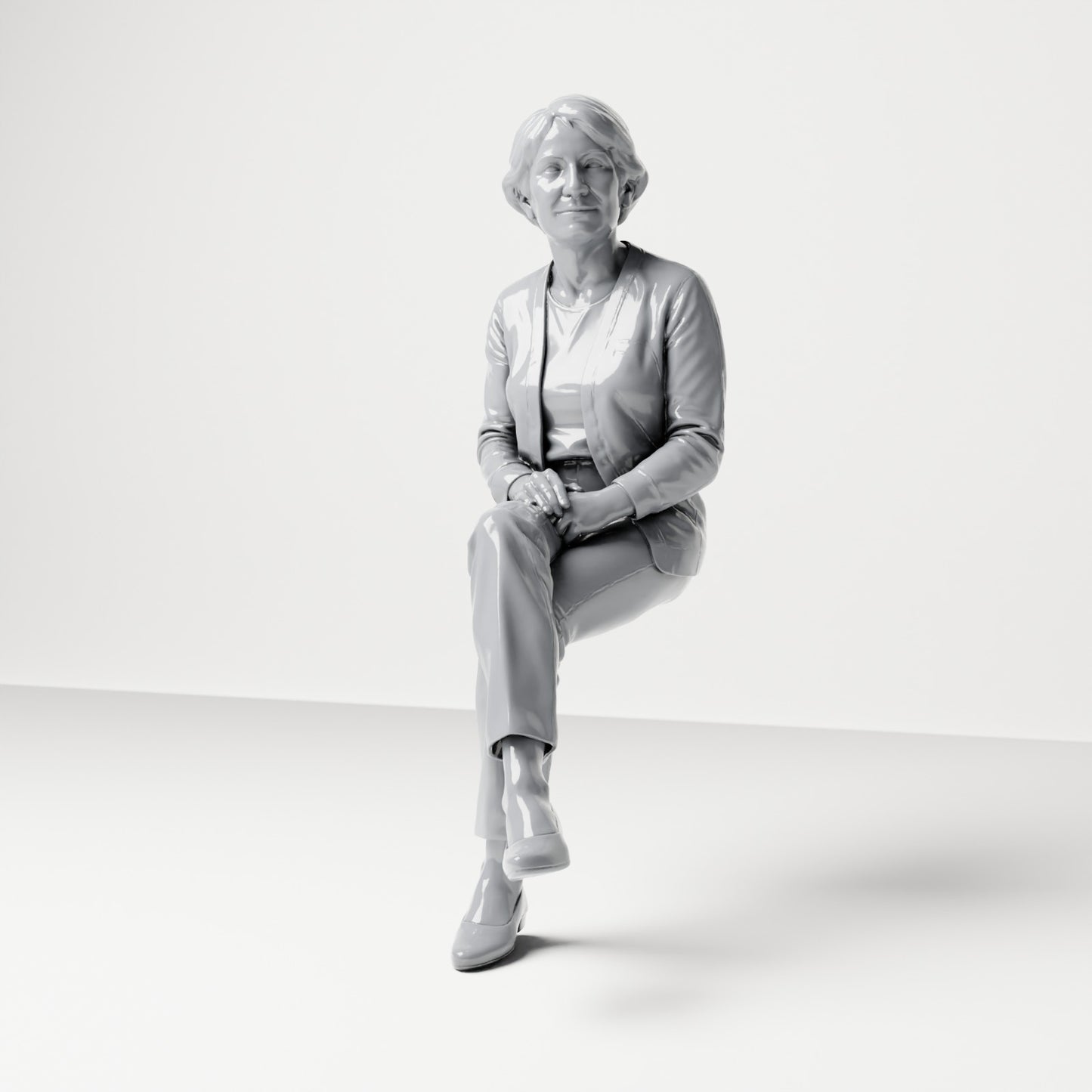 Diorama modelbouw productfoto 0: zittende figuur: toeschouwster met gekruiste benen en gevouwen handen (B069)