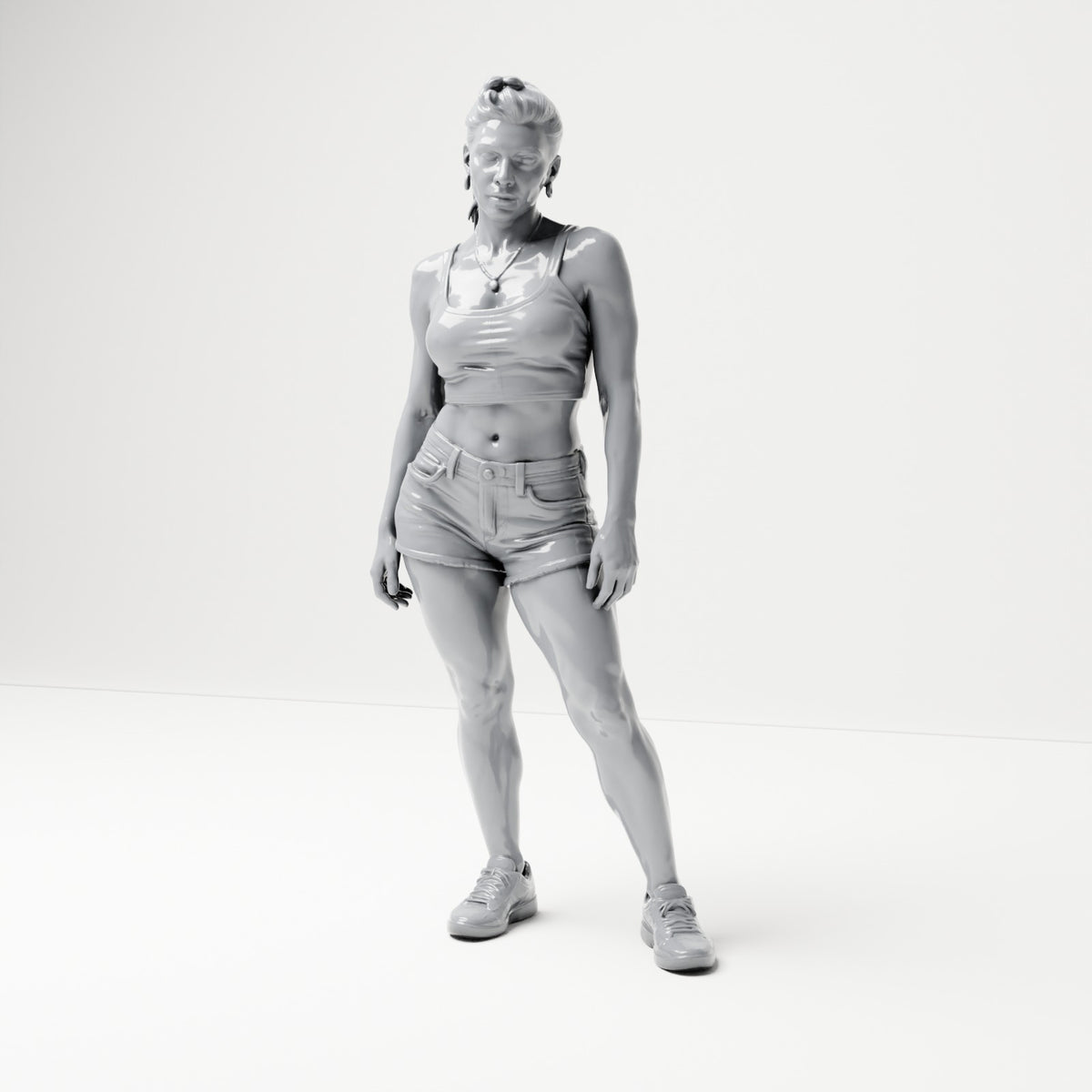 Diorama Modellbau Produktfoto 0: Stehende Figur: Frau in ärmellosem Oberteil, kurzer Hose und Sportschuhen (B072)