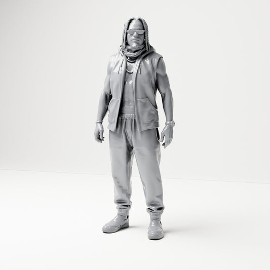 Diorama Modellbau Produktfoto 0: Stehende Figur: Mann mit Sonnenbrille, Zöpfen und ärmelloser Jacke (B074)