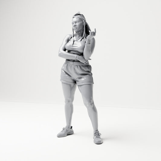 Diorama Modellbau Produktfoto 0: Stehende Figur: Frau mit Zöpfen, kurzem Oberteil, Shorts & Turnschuhen (B075)