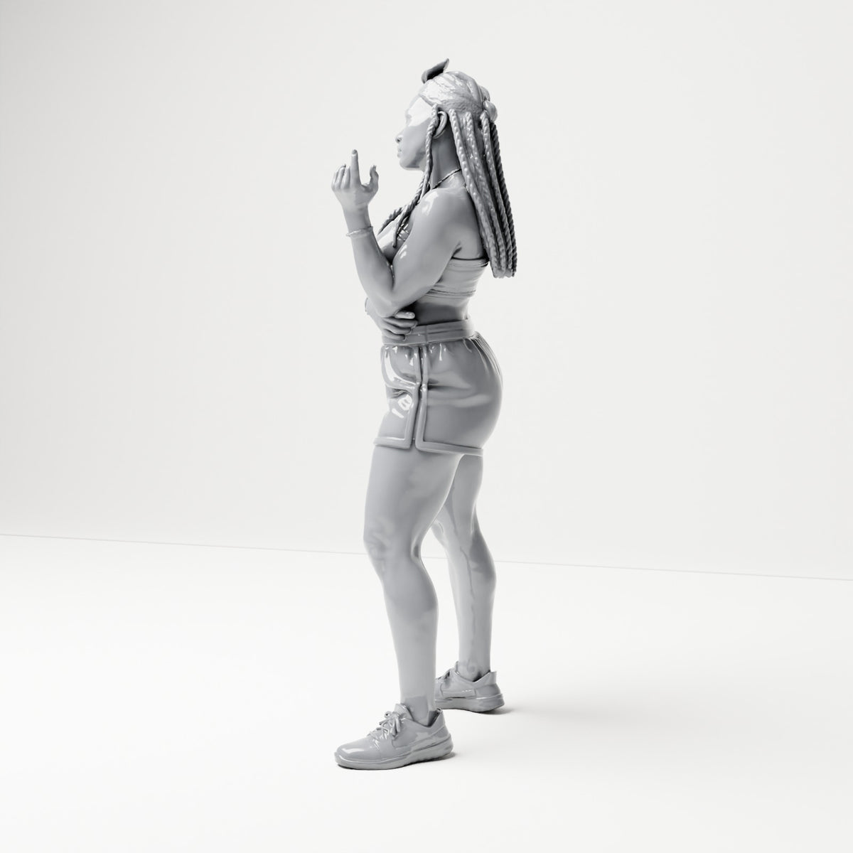 Diorama Modellbau Produktfoto 1: Stehende Figur: Frau mit Zöpfen, kurzem Oberteil, Shorts & Turnschuhen (B075)