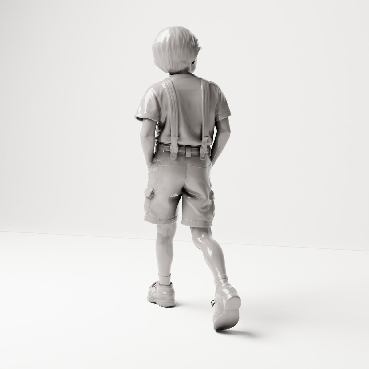 Gehende Figur: Junge mit T-Shirt, kurzen Hosen und Turnschuhen (B079) - Rueckansicht