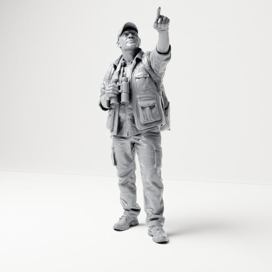 Diorama Modellbau Produktfoto 0: Stehende Figur: Vogelbeobachter mit Fernglas und erhobenem Finger (B081)