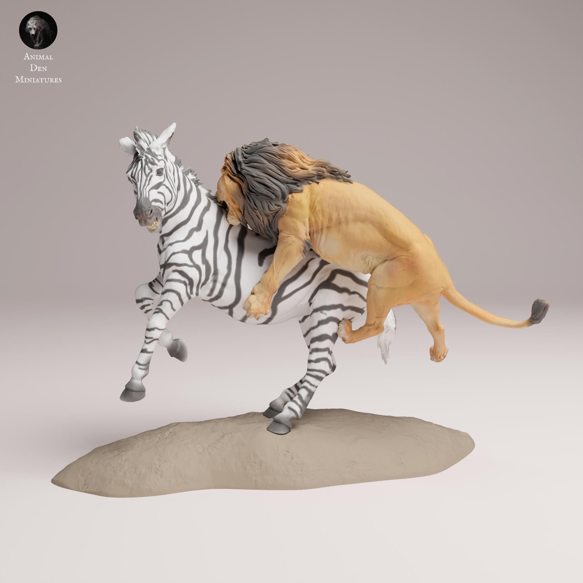 Productfoto Dierfiguur Diorama, Modelbouw: 0: Wilde Dierfiguur: Leeuw jaagt op Zebra – Dieren van de Savanne (Ref 25_08_06)