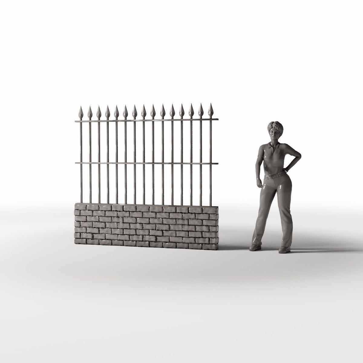 Productfoto diorama en modelbouw 1: Tuindiorama: hoog metalen hek op bakstenen muur (Ref. 1193D)