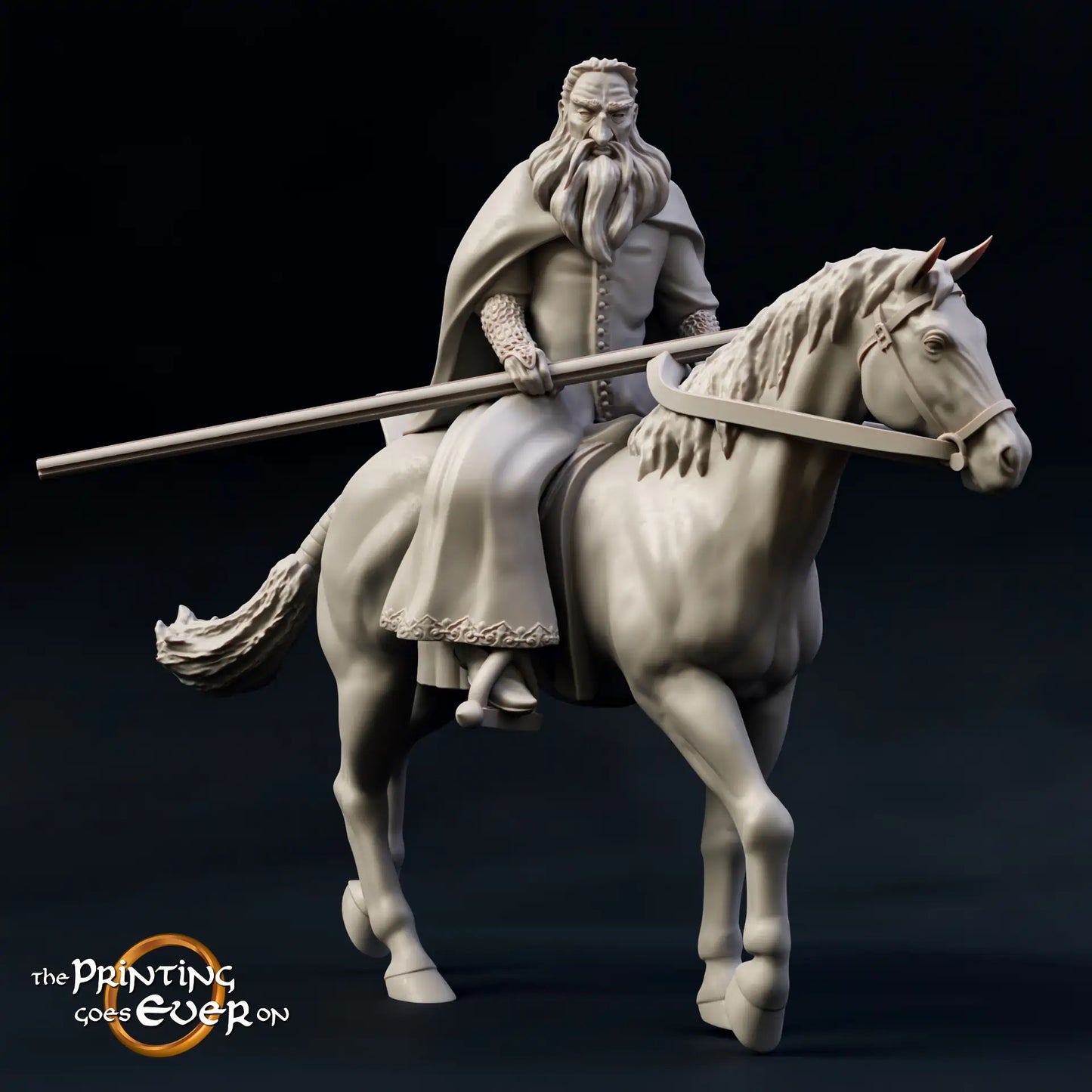 Productfoto Tabletop 28mm The Printing Goes Ever On (TPGEO) 0: Witte tovenaar op paard: Kwaadaardige magiër met toverstok te paard