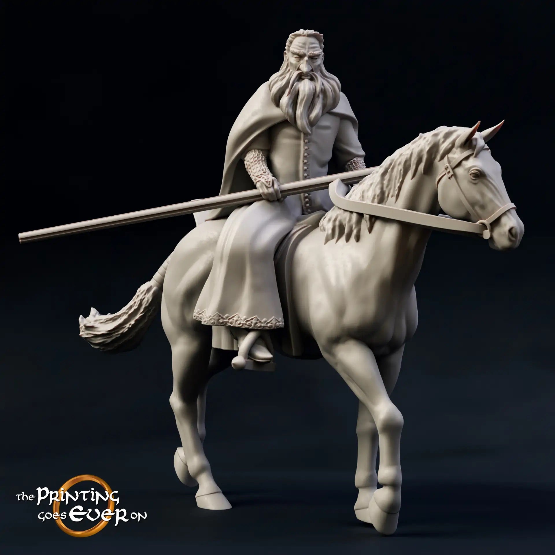 Productfoto Tabletop 28mm The Printing Goes Ever On (TPGEO) 0: Witte tovenaar op paard: Kwaadaardige magiër met toverstok te paard