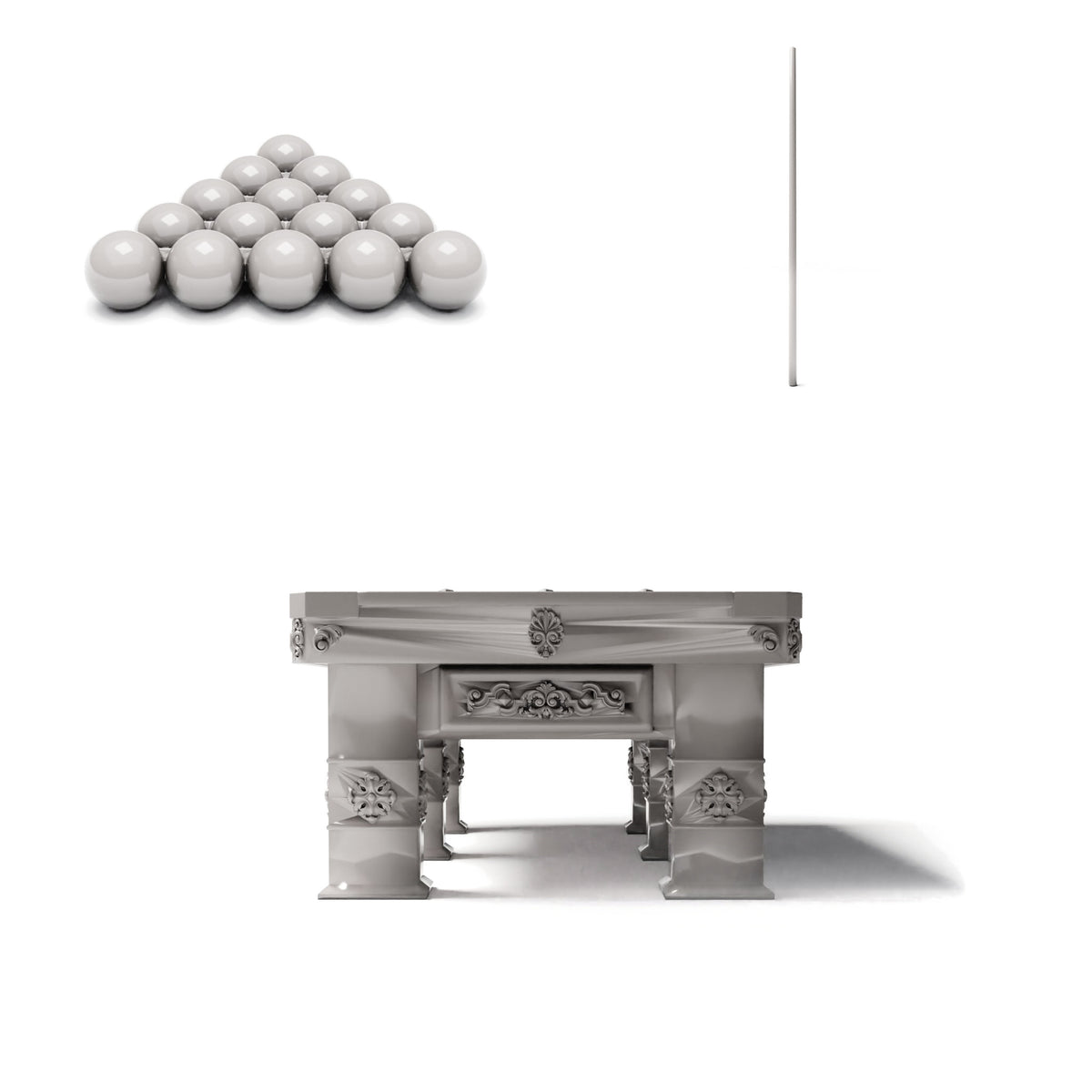 Diorama-modelbouw productfoto 2: dioramameubilair: rijkversierde biljarttafel met accessoires (Ref. 1509D)