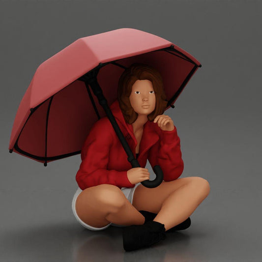 Diorama modelbouw productfoto 0: Diorama-miniatuur: Zittende vrouw in jas en shorts met open paraplu (Ref Nr. A85)
