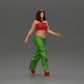 Diorama modelbouw productfoto 0: Diorama figuur: Miniatuur-figuur vrouw in looppose, groen-rood, kort topje, wijde broek, pumps (Ref Nr. A141)