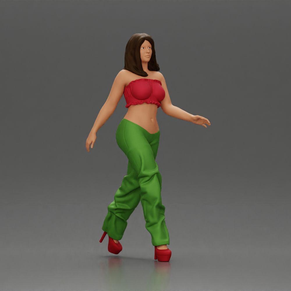 Diorama modelbouw productfoto 0: Diorama figuur: Miniatuur-figuur vrouw in looppose, groen-rood, kort topje, wijde broek, pumps (Ref Nr. A141)