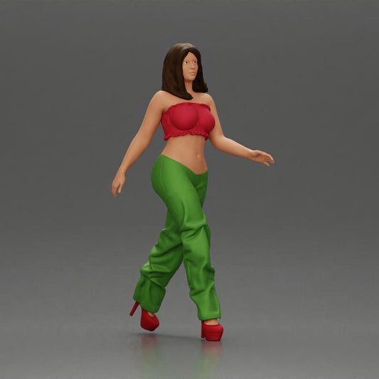 Diorama modelbouw productfoto 0: Diorama figuur: Miniatuur-figuur vrouw in looppose, groen-rood, kort topje, wijde broek, pumps (Ref Nr. A141)