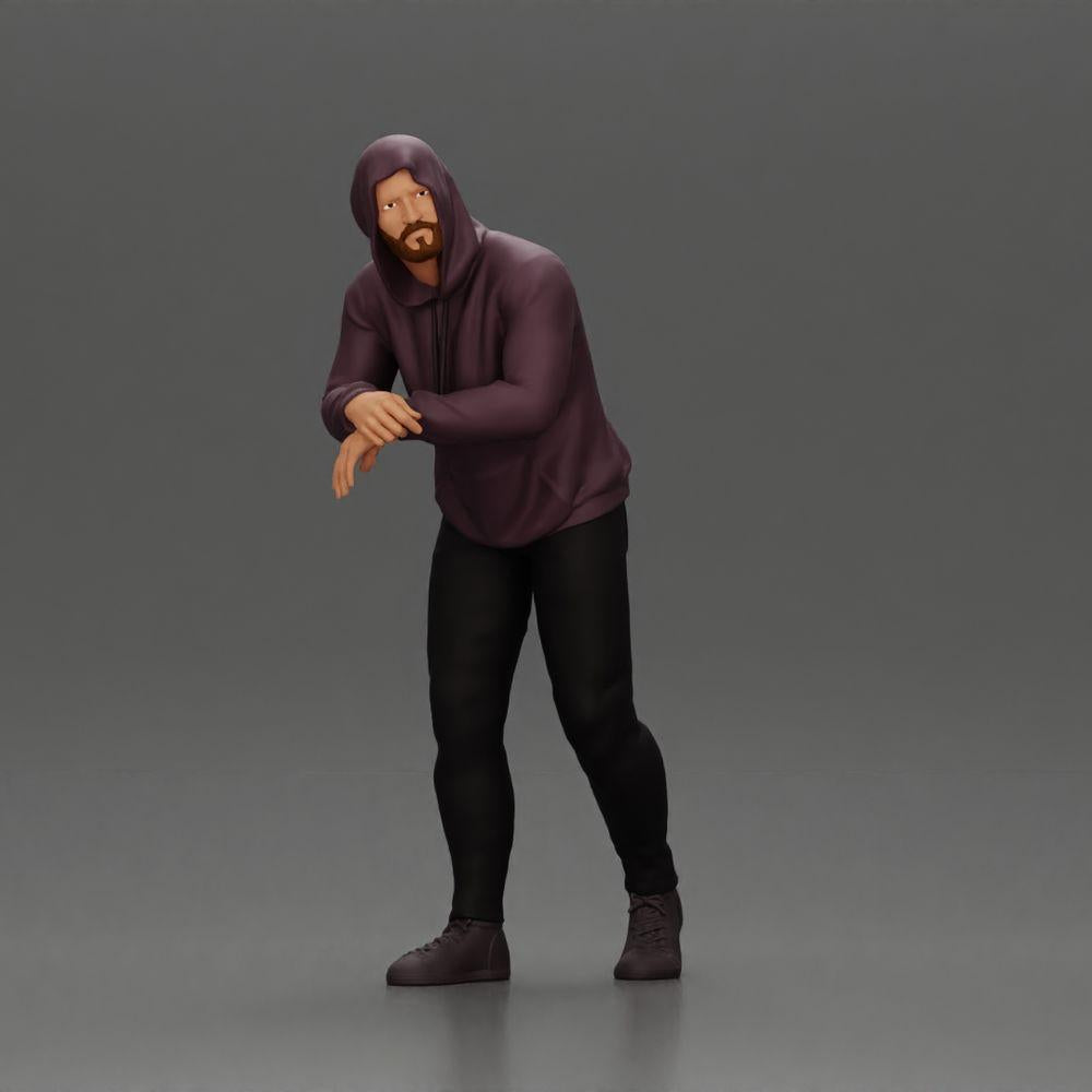 Diorama modelbouw productfoto 0: Diorama-figuur: Man met capuchon, handen op de auto, licht naar voren gebogen (Ref Nr. A115)