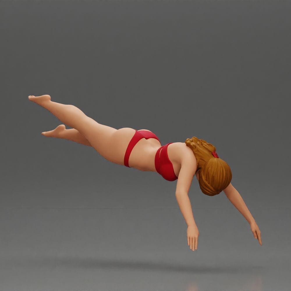 Diorama modelbouw productfoto 0: Diorama-miniatuur: vrouw in rode bikini, elegante duik-/sprongpose (Ref Nr. A137)