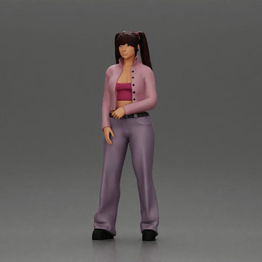 Diorama modelbouw productfoto 0: Diorama-miniatuur: Chola-meisje met vlechten, jas, top, riem & flared broek (Ref Nr. A79)