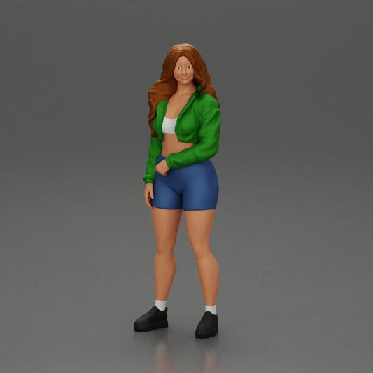 Diorama modelbouw productfoto 0: Miniatuurfiguur: Sportief meisje staand met korte jas, shorts en sneakers (Ref Nr. A74)