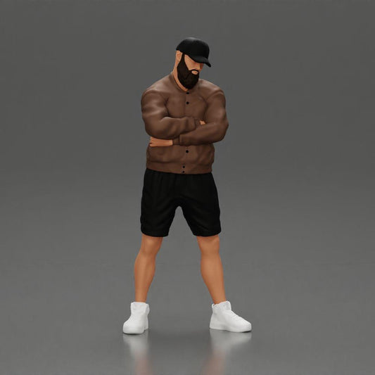Diorama modelbouw productfoto 0: Figuur: Man met gekruiste armen, pet, jack, shorts, sportschoenen (Ref Nr. A125)