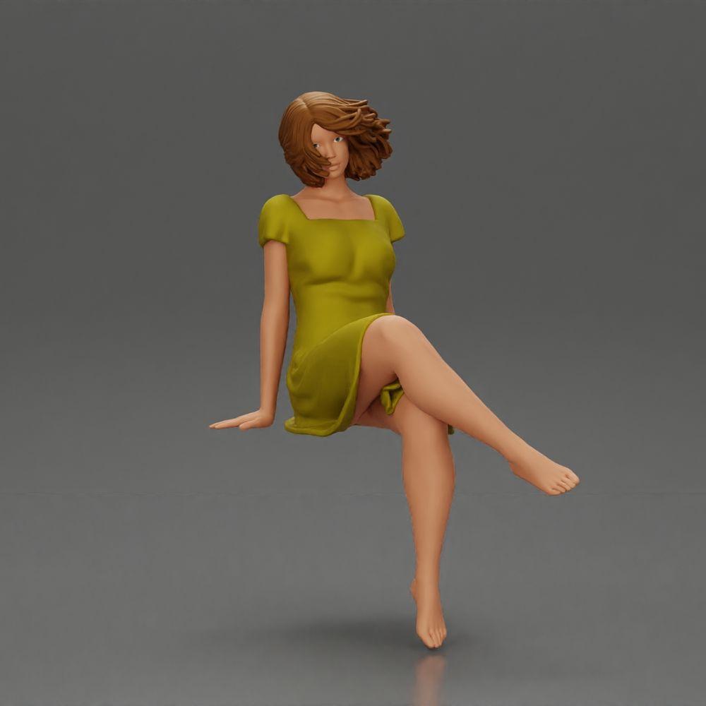 Diorama modelbouw productfoto 0: Diorama miniatuurfiguur: Zittende vrouw in jurk, blootsvoets, kort haar in de wind (Ref Nr. A95)