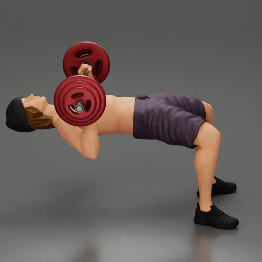 Diorama modelbouw productfoto 0: Diorama figuur: Mannelijke miniatuur bij bankdrukken met heupbrug, dumbbell, hoed en shorts (Ref Nr. A111)