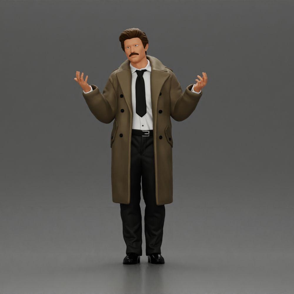 Diorama modelbouw productfoto 0: Diorama-miniatuurfiguur: politie-detective in mantel, staand met open handen (Ref Nr. A63)