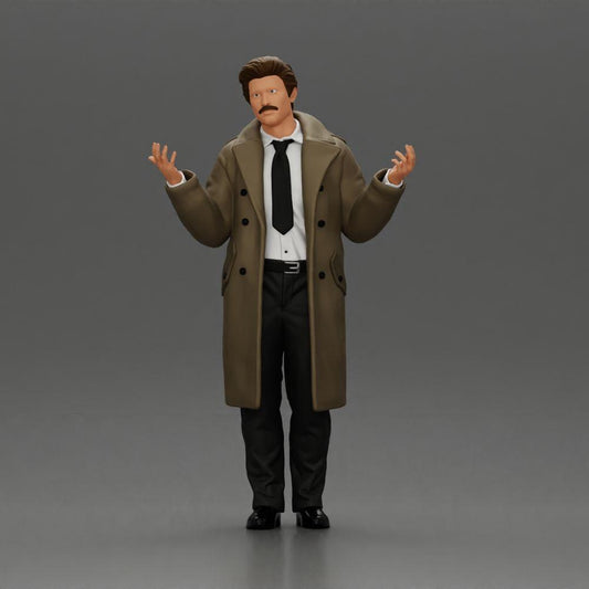 Diorama modelbouw productfoto 0: Diorama-miniatuurfiguur: politie-detective in mantel, staand met open handen (Ref Nr. A63)