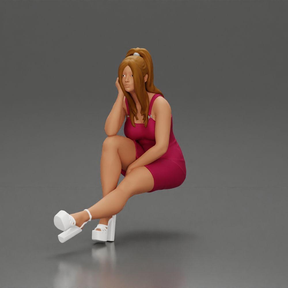 Diorama modelbouw productfoto 0: Diorama figuur: Diorama-miniatuur zittende vrouw in roze jurk, hand op wang, plateau schoenen (Ref Nr. A131)