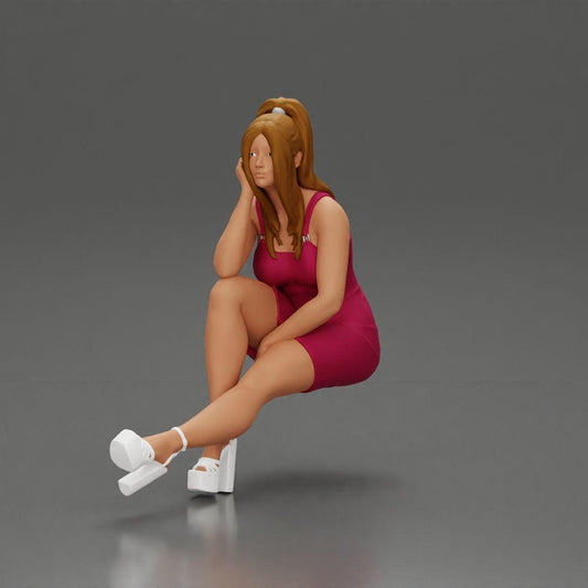 Diorama modelbouw productfoto 0: Diorama figuur: Diorama-miniatuur zittende vrouw in roze jurk, hand op wang, plateau schoenen (Ref Nr. A131)