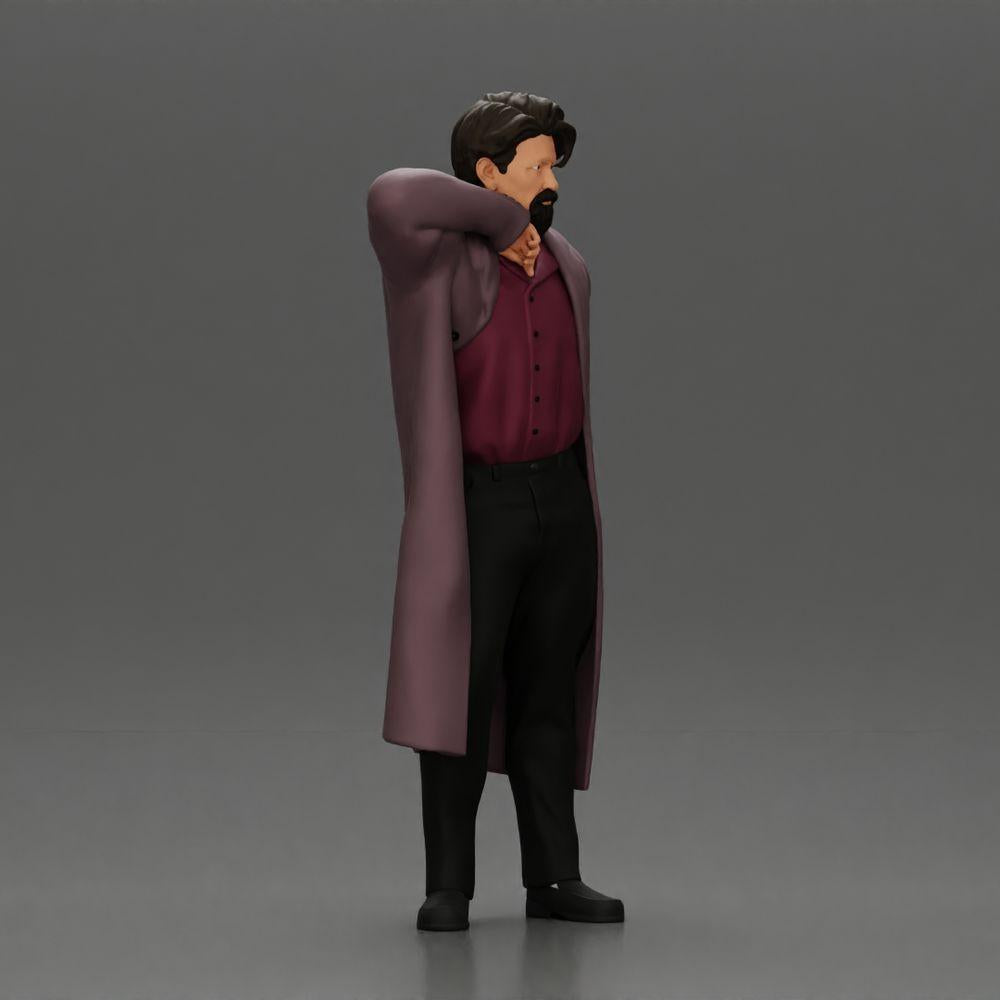 Diorama modelbouw productfoto 1: Diorama-miniatuur: staande man met puntige baard, open mantel, hand op kin (Ref Nr. A98)