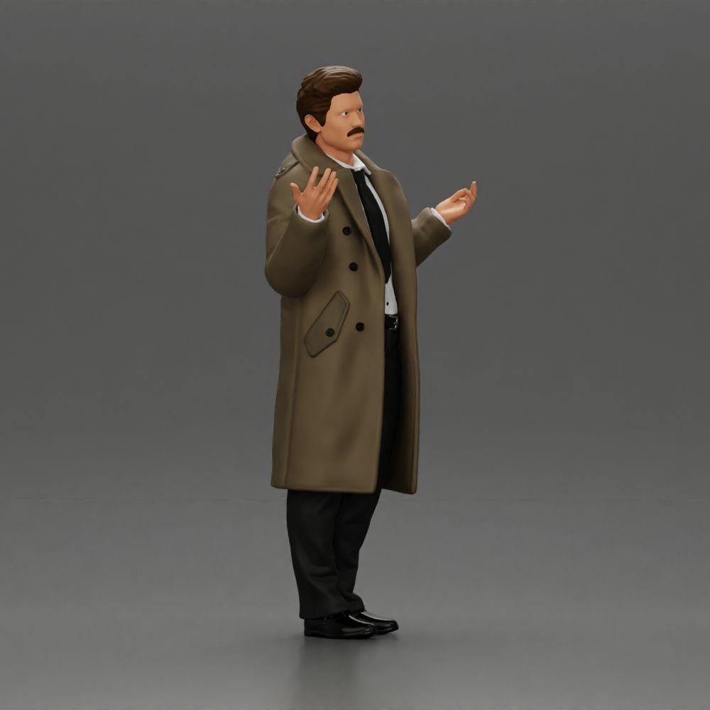 Diorama modelbouw productfoto 1: Diorama-miniatuurfiguur: politie-detective in mantel, staand met open handen (Ref Nr. A63)