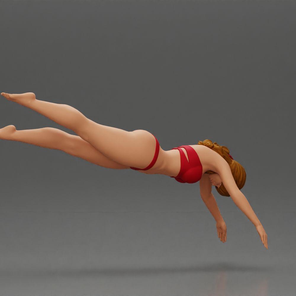 Diorama modelbouw productfoto 1: Diorama-miniatuur: Vrouw in rode bikini, elegante duik-/spronghouding (Ref Nr. A137)