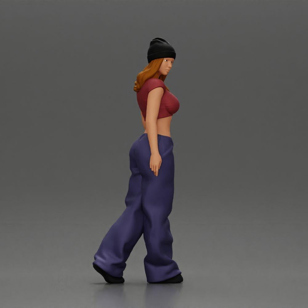 Diorama modelbouw productfoto 1: Miniatuur-figuur: Hip-Hop Lowrider vrouw met pet, korte top & baggy-broek (Ref Nr. A103)
