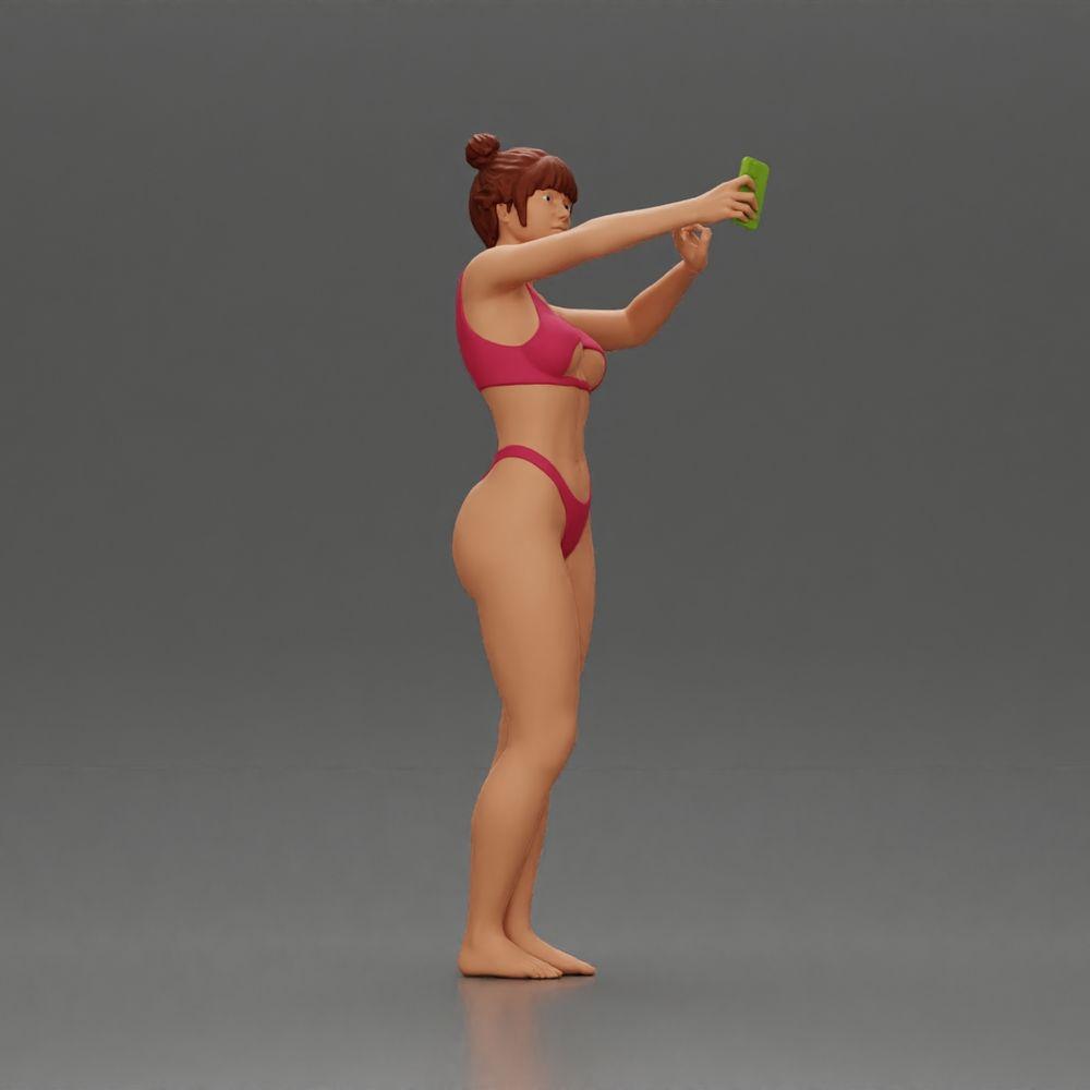 Diorama modelbouw productfoto 1: Diorama-miniatuur: Vrouw in bikini maakt selfie op het strand, staande figuur (Ref Nr. A69)