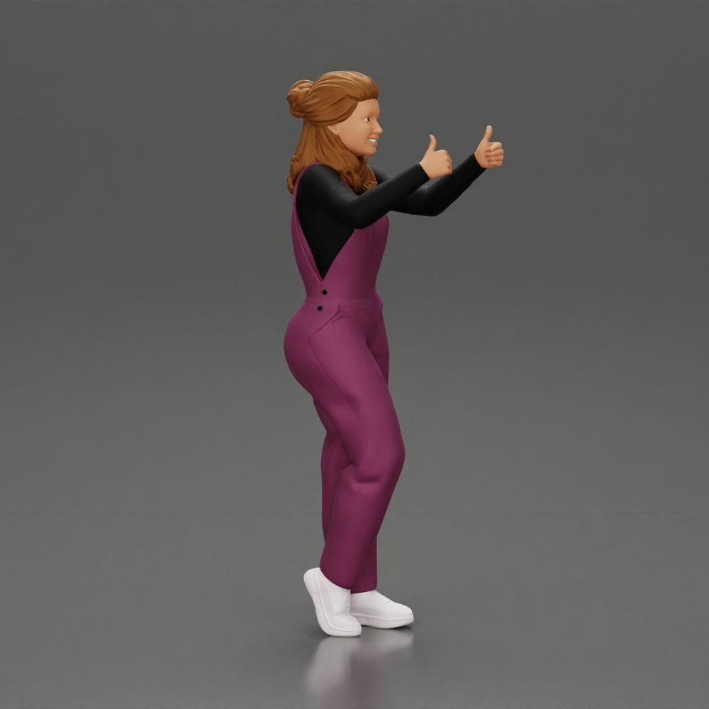 Diorama modelbouw productfoto 1: Staand, lachend meisje in overall, beide duimen omhoog - Diorama-figuur (Ref Nr. A82)