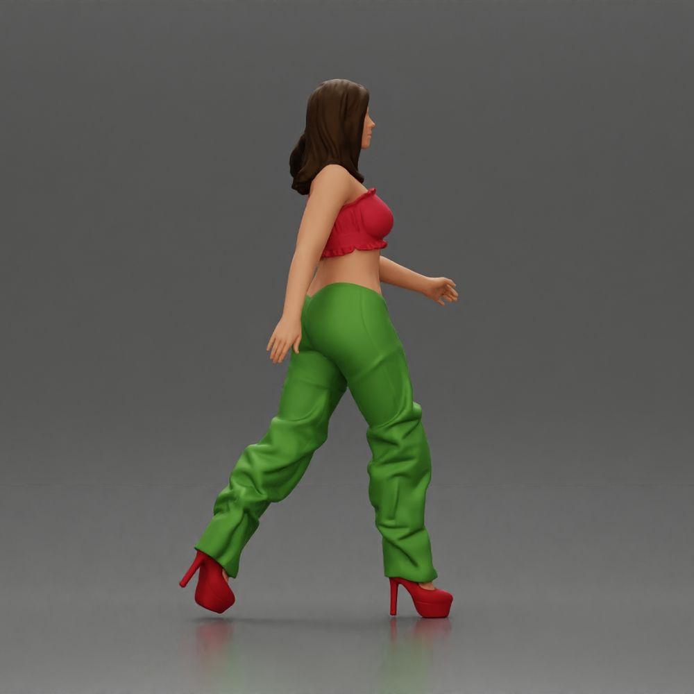 Diorama modelbouw productfoto 1: Diorama figuur: Miniatuur-figuur vrouw in looppose, groen-rood, kort topje, wijde broek, pumps (Ref Nr. A141)
