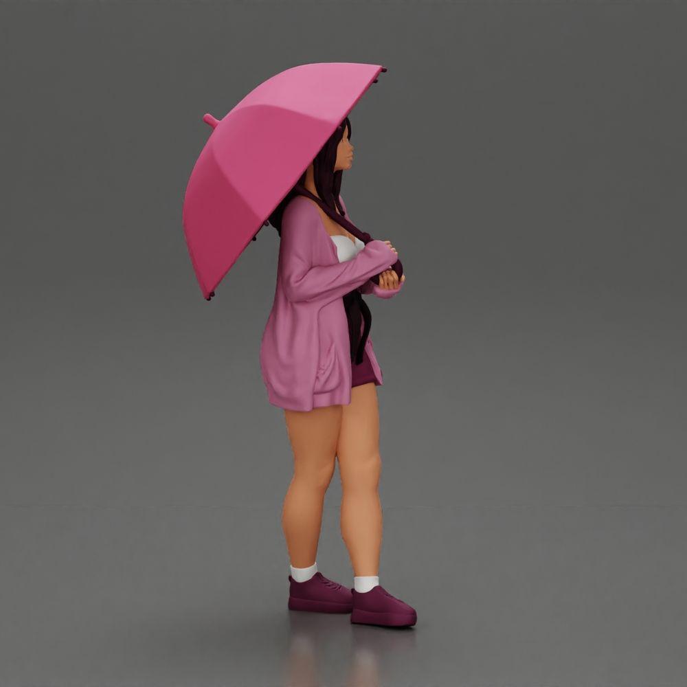 Diorama modelbouw productfoto 1: Vrouwelijke diorama-figuur in open vest en korte broek met paraplu (Ref Nr. A92)