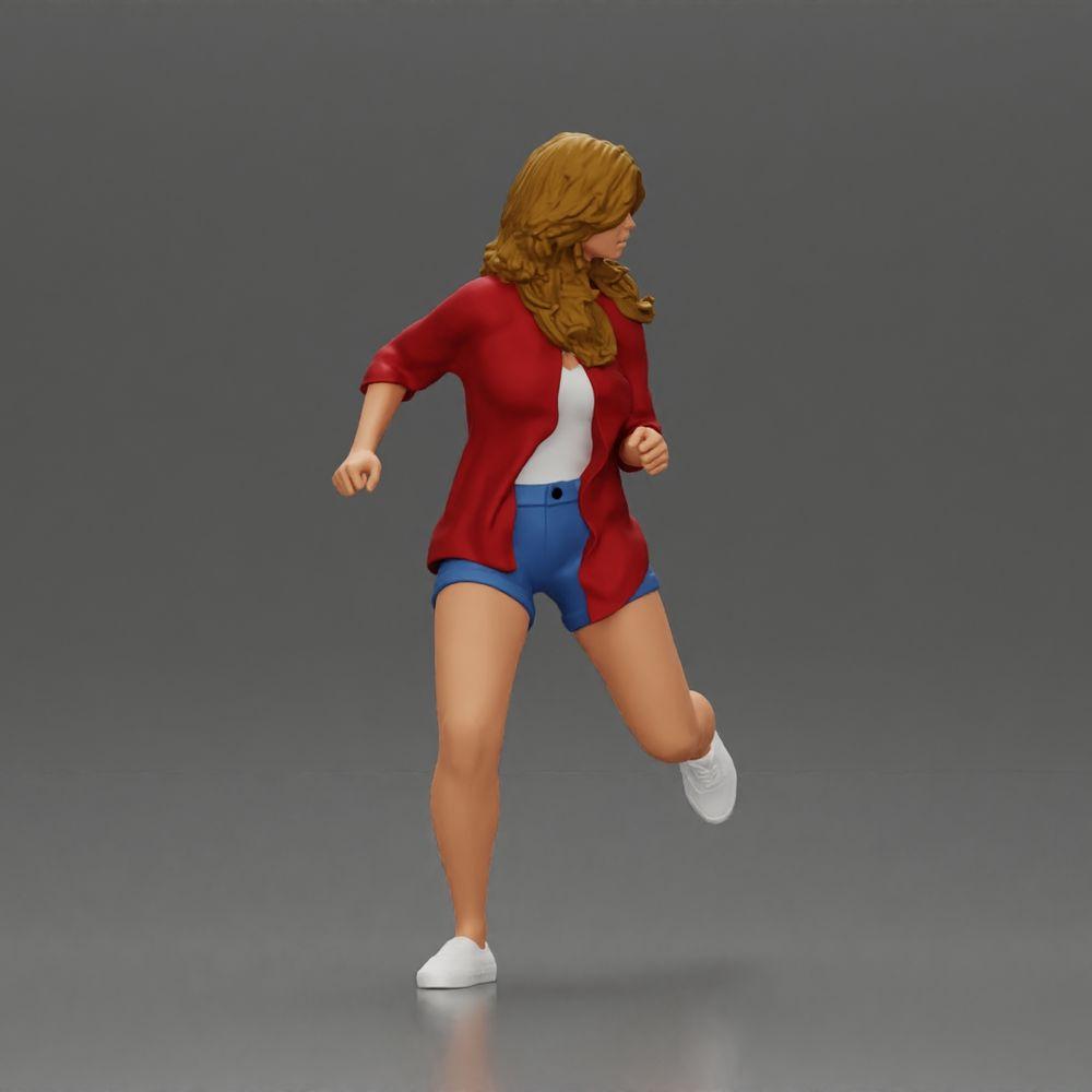 Diorama modelbouw productfoto 1: Diorama-figuur: Hardloopende jonge vrouw met open blouse en shorts, vastberaden (Ref Nr. A102)