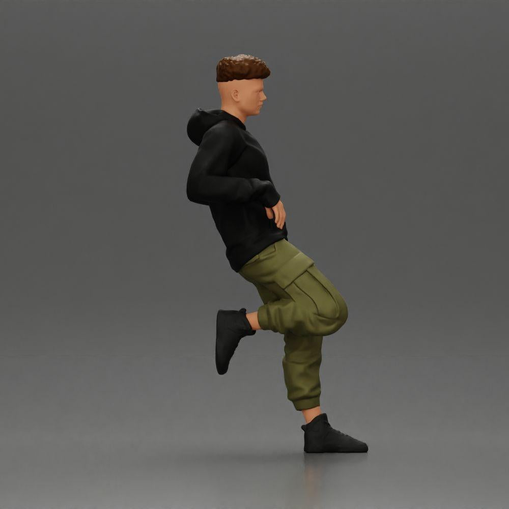 Diorama modelbouw productfoto 1: Miniatuurfiguur: Man met hoodie en cargobroek, casual leunpose (Ref Nr. A142)