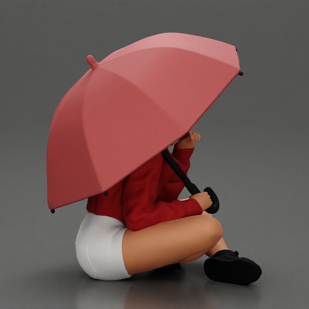 Diorama modelbouw productfoto 1: Diorama-miniatuur: Zittende vrouw in jas en shorts met open paraplu (Ref Nr. A85)