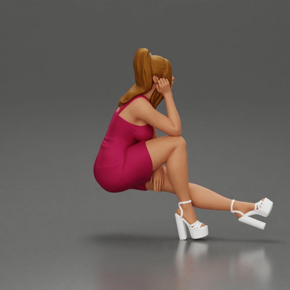 Diorama modelbouw productfoto 2: Diorama figuur: Diorama-miniatuur zittende vrouw in roze jurk, hand op wang, plateauschoenen (Ref Nr. A131)