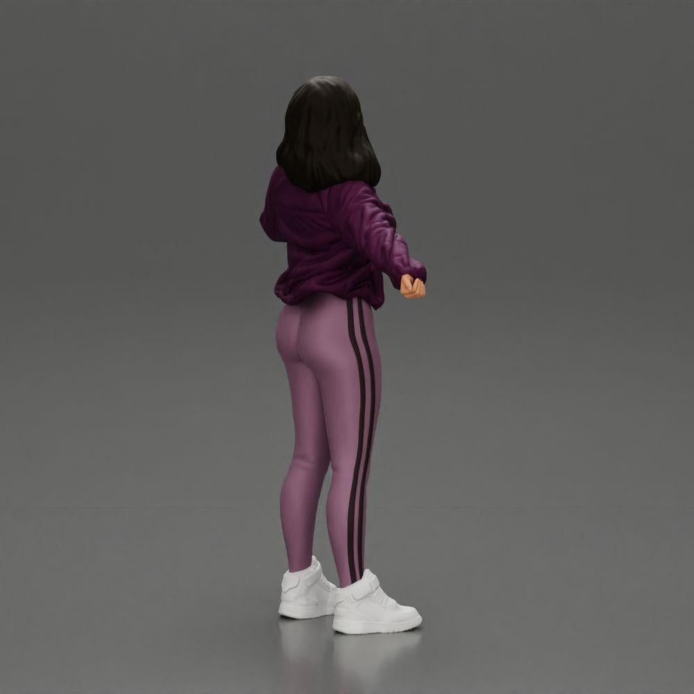 Diorama modelbouw productfoto 2: Diorama-miniatuur: Vrouw in open jas, crop top en strakke broek (Ref Nr. A114)