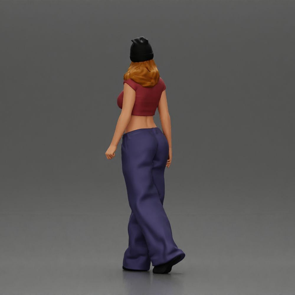 Diorama modelbouw productfoto 3: Miniatuurfiguur: Hip-Hop Lowrider vrouw met pet, korte top & baggy broek (Ref Nr. A103)